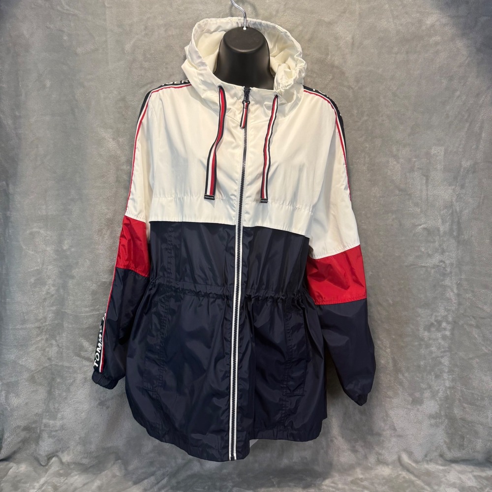 Tommy Hilfiger Womens Colorblock Windbreaker Jacket Navy White Red Hooded Large